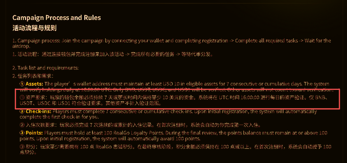 A dark screen displays text titled 'Campaign Process and Rules' in English and Chinese, detailing a process for a 'RealGo' campaign, with a red box highlighting asset requirements involving at least a 10 USDT balance for 7 days.