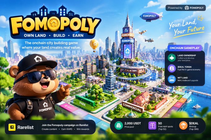 A colorful “FOMOPOLY” blockchain city-building banner reads “OWN LAND • BUILD • EARN” and “The onchain city building game where your land creates real value.” It shows “Your Land, Your Future,” a “Powered by FOMOPOLY” label, features such as “LAND OWNERSHIP,” “$DEAL TOKEN,” and “NFT LAND,” plus bottom badges including “Rarelist,” “2,000 USDT Prize pool,” and “50 Free mint spots (Top 50).”