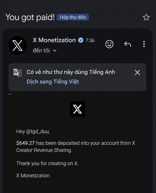An email screenshot from X Monetization notifying a user that '$649.27 has been deposited into your account from X Creator Revenue Sharing,' displayed in a dark mode email client.