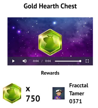 The image shows a "Gold Hearth Chest" reward screen displaying 750 Gold Hearts alongside a Fractal Tamer (#0371) NFT, corresponding to the post about receiving a first Fracctal tamer from MHeepow's Gold Hearth mission on Algorand.