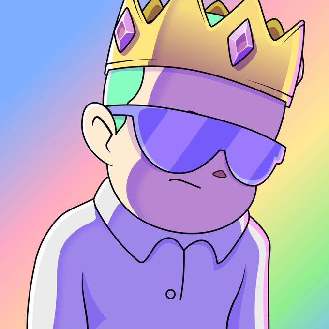 A stylized cartoon illustration of a character wearing a purple polo shirt, purple sunglasses, and a large golden crown adorned with purple and green gems.
