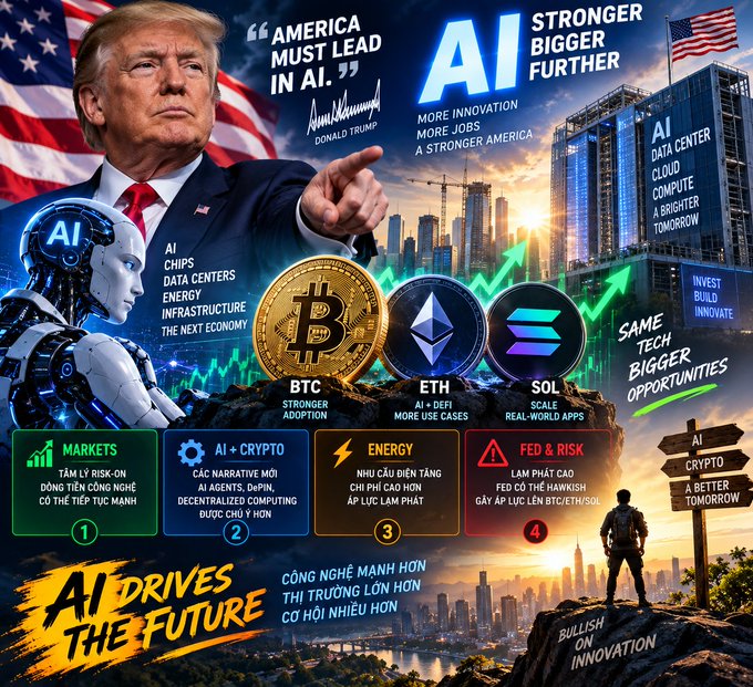 A promotional graphic featuring Donald Trump with text 'AMERICA MUST LEAD IN AI' and 'AI STRONGER BIGGER FURTHER,' alongside cryptocurrency logos (BTC, ETH, SOL), an AI robot, and futuristic city skylines promoting AI and crypto investment.