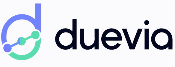 The logo for "duevia" featuring a stylized lowercase 'd' in blue and green connected by dots and lines.