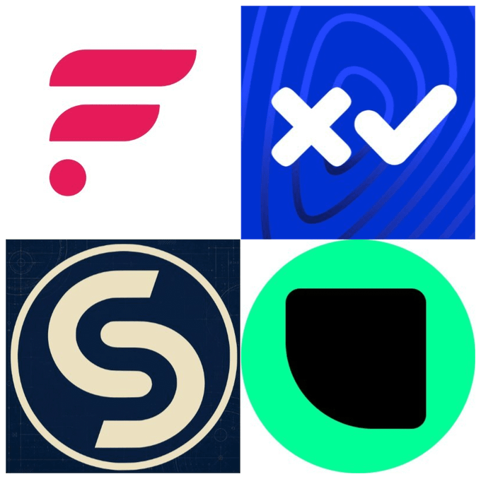 The image displays four cryptocurrency app logos arranged in a 2x2 grid, including the Xaman (formerly Xumm) wallet logo (top left), the Flare Networks logo (top right with "X✓" symbol), the Stargate Finance logo (bottom left with "S"), and what appears to be another wallet or DeFi app icon (bottom right). These logos visually represent the platforms mentioned in the post, illustrating the ecosystem—Xaman wallet, Flare Networks, and related tools—used to access the 8% APY yield on XRP holdings through the Flare Yield gateway.