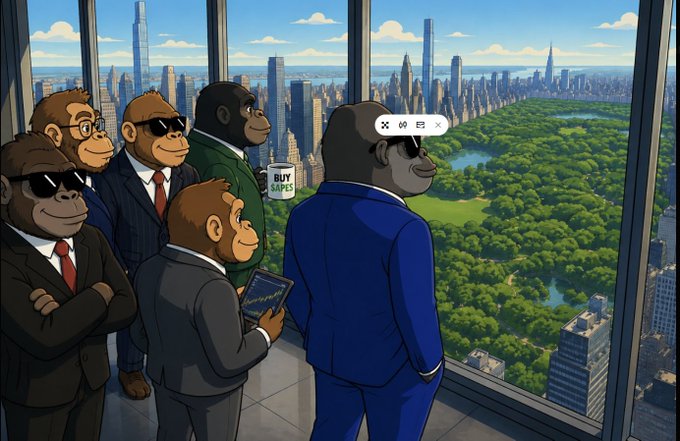 A cartoon illustration of several chimpanzees and apes dressed in business suits standing in a high-rise office looking out a window at Central Park and the Manhattan skyline, with one holding a 'BUY $APES' mug.