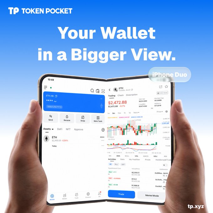 An advertisement for Token Pocket showing hands holding a smartphone in a dual-screen foldable setup, displaying the crypto wallet app's interface with the text 'Your Wallet in a Bigger View.' and 'iPhone Duo'.