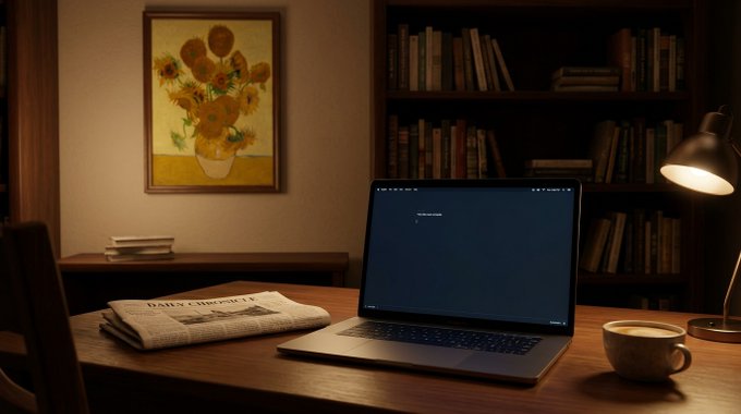 A cozy home office desk scene with a laptop, a coffee mug, a desk lamp, a folded newspaper, a bookshelf, and a Van Gogh Sunflowers print on the wall.