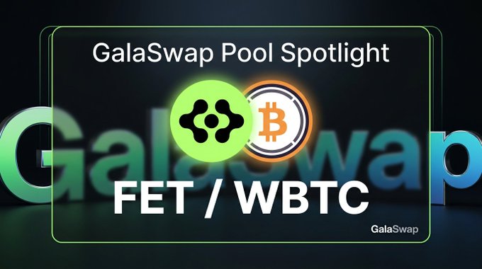 Promotional graphic highlighting the GalaSwap FET/WBTC (GFET/GWBTC) liquidity pool, featuring the FET and Bitcoin logos within a glowing green-bordered frame, with the text "GalaSwap Pool Spotlight" displayed prominently above the pair name.