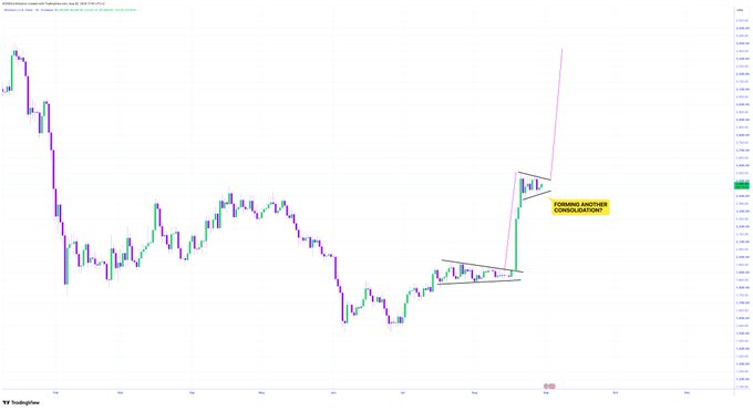 A financial chart showing a candlestick pattern with annotations including 'COMING ANOTHER CONSOLIDATION?' and a wedge pattern, branded with 'VIP TradingView'.