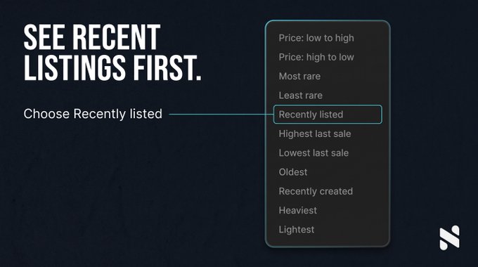 A dark interface graphic instructs users to 'SEE RECENT LISTINGS FIRST' by choosing 'Recently listed' from a sorting dropdown menu that also includes options like 'Price: low to high' and 'Most rare'.