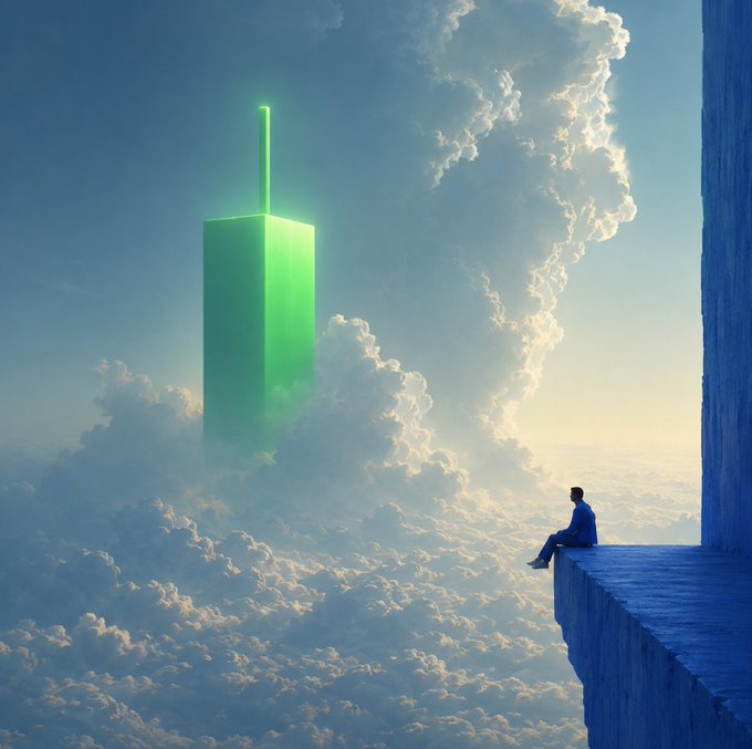 A solitary figure sits on a towering stone platform above the clouds, gazing out at a surreal landscape where a massive glowing green monolith rises from a sea of clouds. The image evokes the contemplative patience referenced in the post, pairing a stunning vista with the "GM" (Good Morning) greeting for a serene start to the day.
