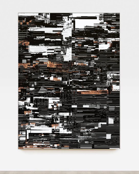 An abstract painting featuring horizontal black, white, and copper-toned streaks and glitch-like patterns mounted on a white gallery wall.