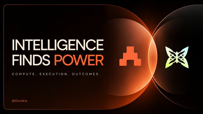 The image is a stylized promotional graphic with the bold text "INTELLIGENCE FINDS POWER" and the tagline "COMPUTE. EXECUTION. OUTCOMES." set against a dark background featuring two glowing orange and white circular orbs, symbolizing the fusion of compute and execution power. In the bottom left corner is the handle "@0xndra," and the design visually echoes the post's theme of Quip Network's hybrid compute layer activating distributed hardware for smarter workload coordination.