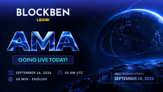Promotional graphic for a BlockBen AMA session on LBank, announcing it goes live on September 14, 2026, at 10 AM UTC (60 minutes, English), with an additional note that $EBSO trading starts September 15, 2026—matching the post's call for the community to join the AMA and participate in the 105,000 $EBSO giveaway.