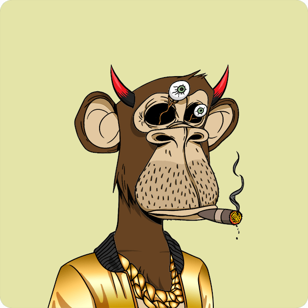 A digital illustration of a cartoon monkey character with three eyes, red horns, stubble, a gold chain necklace, and a lit cigar in its mouth against a pale yellow background.