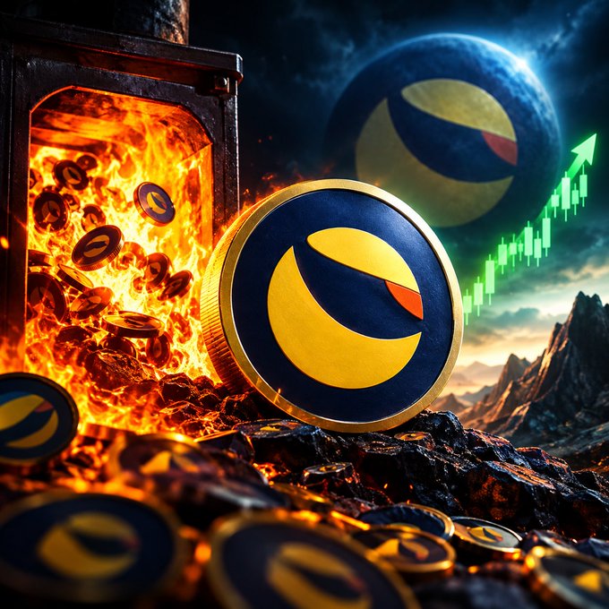 A dramatic digital artwork depicts a large gold coin with a yellow and blue logo emerging from a fiery furnace, accompanied by more coins, a green upward-trending chart arrow, and a planet bearing the same logo in the night sky.
