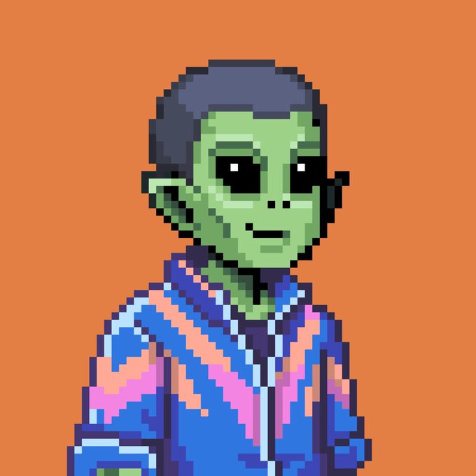 Pixel art of a green-skinned zombie-like character with an afro wearing a colorful blue, pink, and orange tracksuit against an orange background.