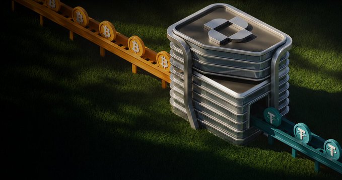 The image shows a metallic vault or machine with a Tether (USDT) logo on top, flanked by a wooden conveyor belt carrying Bitcoin (₿) coins on the left and a metal conveyor carrying Tether (₮) coins on the right, symbolizing the bridge between Bitcoin's security and USDT's widespread use. The accompanying text about the Utexo project suggests a solution to the contradiction between Bitcoin being the most secure network and USDT being the most widely used digital dollar, likely through a Bitcoin-based infrastructure for stablecoins.
