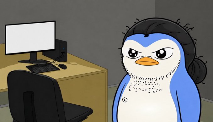 A grumpy penguin with a hairy chest and tied-back hair stares at an empty computer setup, humorously illustrating the post's lament about a quiet crypto weekend timeline with little tweeting activity.