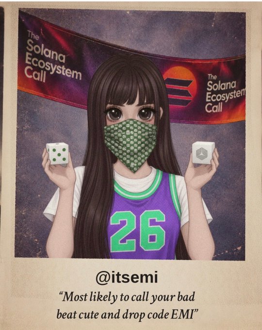 An anime-style illustration of a girl wearing a green patterned face mask and a purple jersey with the number '26', holding dice and a cube, with text 'The Solana Ecosystem Call' on banners and a caption reading '@itsemi - Most likely to call your bad beat cute and drop code EMI'.