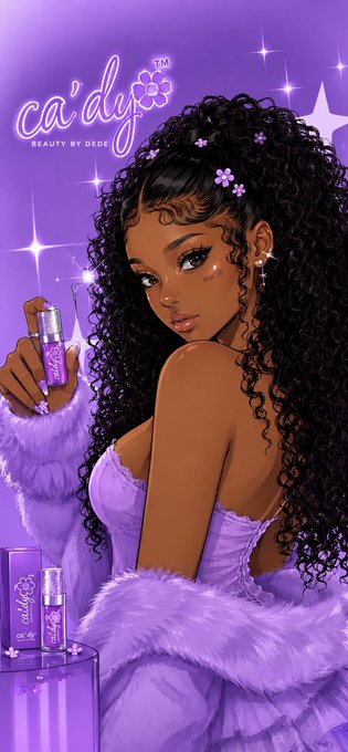 A digital illustration styled like a cosmetics advertisement features a woman with long curly black hair adorned with purple flowers, wearing a lavender dress and fur stole while holding a "Cá'dy Beauty by Dede" perfume bottle against a sparkly purple background. The image ties to the post's theme of a personal "new" reveal, though the caption humorously cuts off before explaining its connection to the NFT promotion.