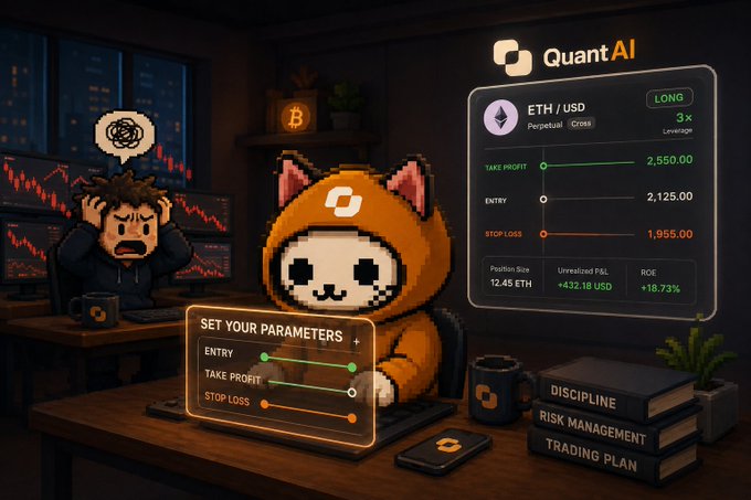 A pixel-art style promotional image for 'Quant AI' showing an ETH/USD Perpetual long position with 3x leverage, displaying take profit at 2,550.00, entry at 2,125.00, stop loss at 1,955.00, and ROE of +18.73%, featuring a stressed trader and a cat mascot next to books titled 'DISCIPLINE', 'RISK MANAGEMENT', and 'TRADING PLAN'.