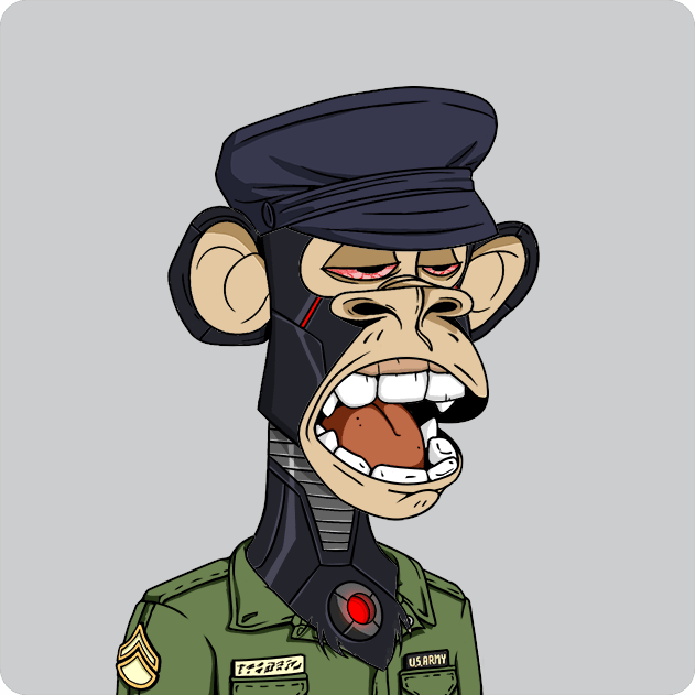 A cartoon illustration depicts an angry, robotic-looking chimpanzee wearing a military cap and US Army uniform with sergeant stripes.