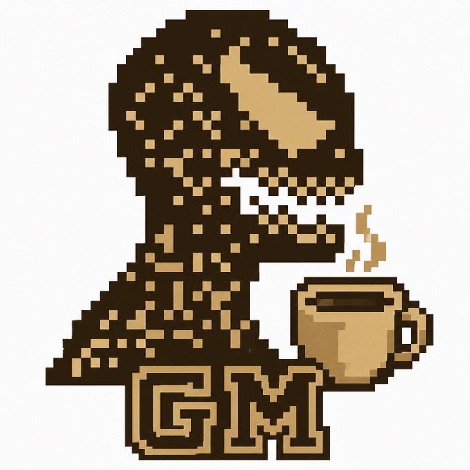 A pixel-art style logo for 'GM' showing a dinosaur-shaped figure drinking from a coffee mug.