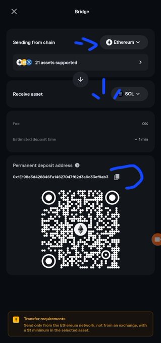 A bridge interface screenshot for transferring crypto from Ethereum to SOL with handwritten blue arrows highlighting the sending chain, receive asset, and permanent deposit address features.