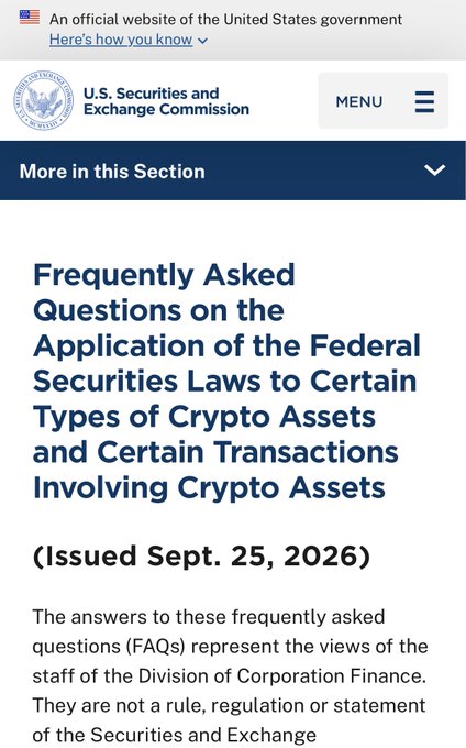 U.S. Securities and Exchange Commission webpage titled 'Frequently Asked Questions on the Application of the Federal Securities Laws to Certain Types of Crypto Assets and Certain Transactions Involving Crypto Assets (Issued Sept. 25, 2026).'