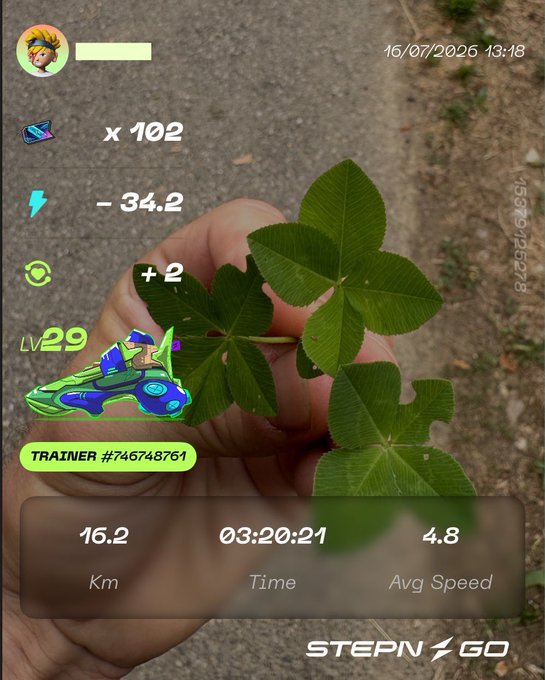 A STEPN Go app screenshot showing an outdoor walking/running activity from 16/07/2026 at 13:18, featuring a hand holding a four-leaf clover, with 16.2 km distance, 03:20:21 time, and 4.8 avg speed.