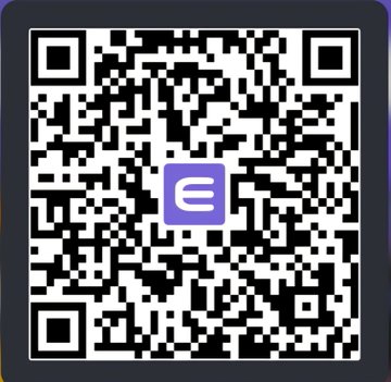 A QR code with a blue square containing a white 'E' logo in the center.