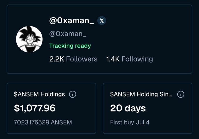The image shows a profile card for @0xaman_ displaying "Tracking ready" status with 2.2K followers and 1.4K following, alongside metrics showing $1,077.96 in $ANSEM Holdings (7023.176529 tokens) and a 20-day holding period since the first buy on Jul 4. The screenshot visually reinforces the post's "DAY 20" milestone celebration, highlighting the user's ANSEM token holdings and tracking progress over the same 20-day timeframe mentioned in the bullpost.