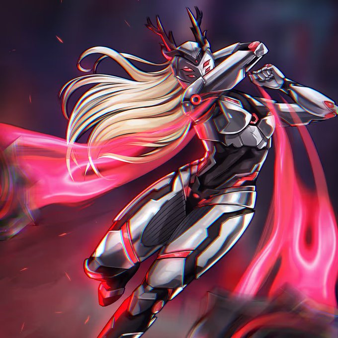 The image features a female character with blonde hair, dressed as a robot or knight, wearing a helmet and holding a sword. The background is dark purple, creating a dramatic atmosphere for the scene. The caption of the image reads "Thank you so much @hamieverse and @cryptogrit! I'M Thrilled to have won this badass @hamieverse Genesis NFT".