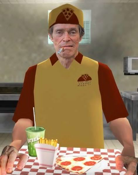 A surreal digitally edited image depicting a man in a fast-food uniform smoking a cigarette while holding a tray with a milkshake, fries, and a pizza, set in what appears to be a kitchen or restaurant setting.