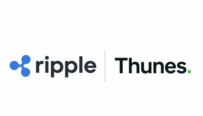 The image features a logo for Ripple, which is a cryptocurrency exchange platform, and Thunes, an investment management company that has launched real-time payments using Ripple's technology. The logos are displayed side by side against a white background, with the Ripple logo positioned above the Thune logo. This visual representation highlights the collaboration between these two companies in the realm of finance and technology.