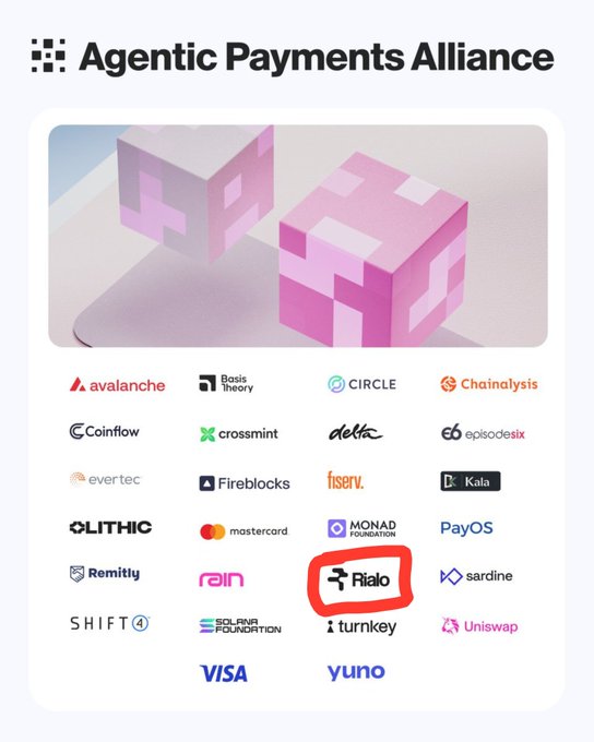 A graphic for the 'Agentic Payments Alliance' featuring 3D pink blocks and a grid of partner logos including Avalanche, Mastercard, Visa, and Fialo (circled in red).