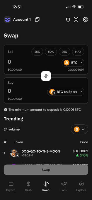 A mobile crypto swap interface on Account 1, showing BTC to BTC on Spark swap with a minimum deposit of 0.0001 BTC, and a trending token "DOG•GO•TO•THE•MOON" priced at $0.000062 (+3.10%).