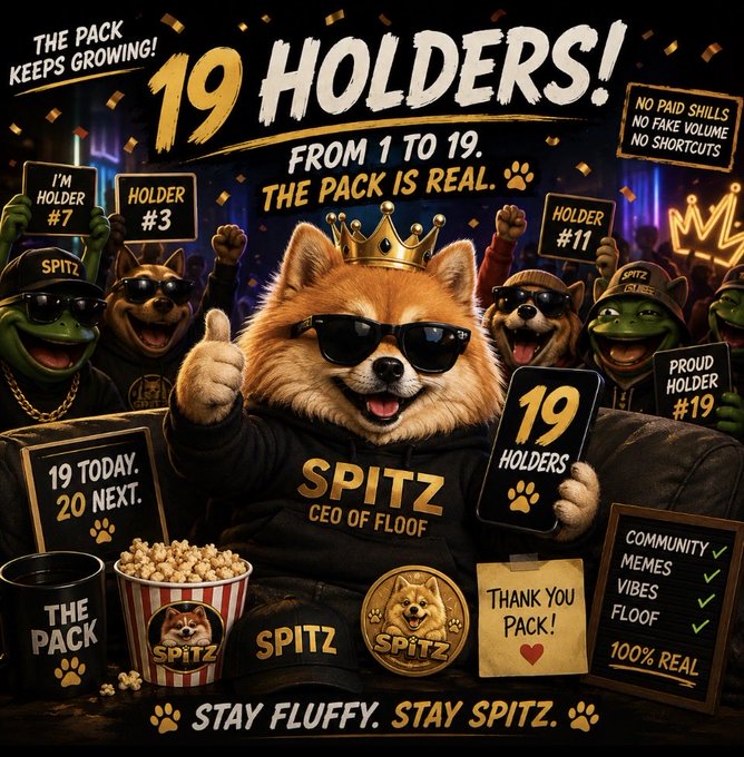 A promotional graphic featuring a cartoon dog wearing sunglasses and a gold crown with 'SPITZ CEO OF FLOOF' on its hoodie, surrounded by green characters holding signs reading '19 HOLDERS!', 'THE PACK IS REAL.', and 'STAY FLUFFY. STAY SPITZ.'
