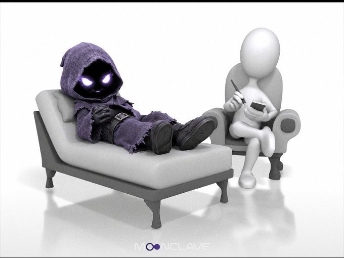 A 3D rendered illustration labeled 'MOONCLAVE' showing a purple hooded figure with glowing purple eyes reclining on a chaise lounge while a white humanoid figure takes notes beside them.