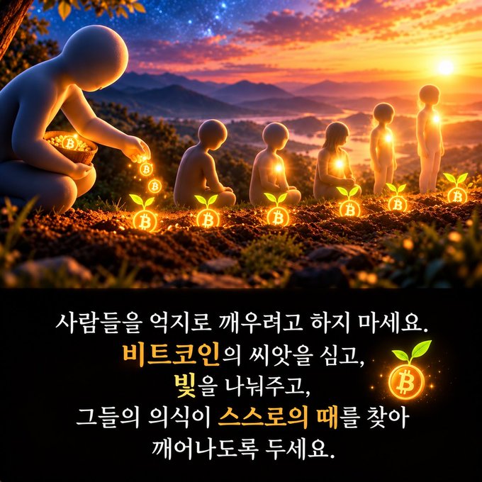 An artistic illustration showing humanoid figures in a line planting Bitcoin seedlings, with glowing Bitcoin symbols growing into plants, accompanied by Korean text about sowing the seeds of Bitcoin in people's consciousness.