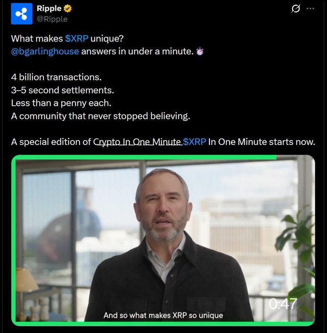 A screenshot of a tweet from Ripple (@Ripple) promoting $XRP, featuring text about transactions and settlements, alongside a video thumbnail of a man speaking.