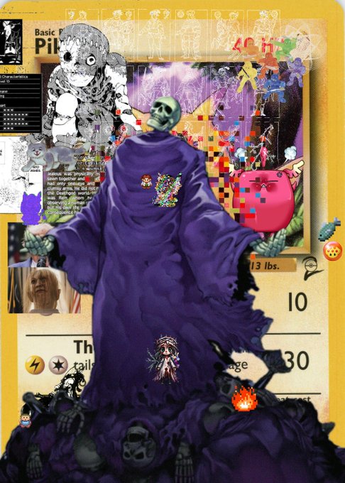 In the image, there are two skulls standing side by side with a purple robe draped over one of them. The background features a yellow wall adorned with various items such as a pink purse, a black bag, and a blue book. There is also a sign that reads "Basic Framer PILOT". The overall scene appears to be a digital art piece or collage featuring elements from the world of Card NFTs and video games.
