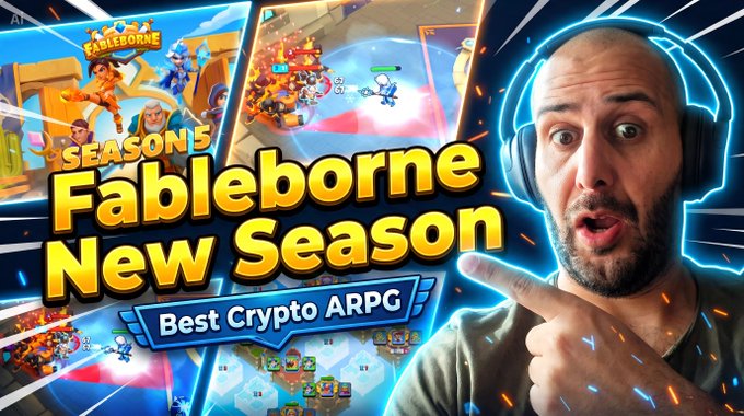 A YouTube thumbnail featuring a surprised man with headphones pointing at game screenshots, with text reading 'SEASON 5 Fableborne New Season - Best Crypto ARPG'.