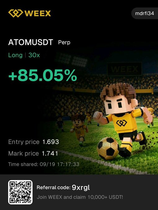 A WEEX trading app screenshot showing an ATOMUSDT perpetual position long at 30x with a +85.05% gain, featuring a 3D cartoon mascot kicking a soccer ball and a referral code '9xrgl'.