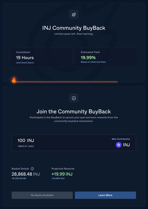 A dark webpage advertises the “INJ Community BuyBack,” showing “19 Hours,” “Estimated Yield 19.99%,” “100 INJ,” and buttons for “No Spots Available” and “Learn More.”