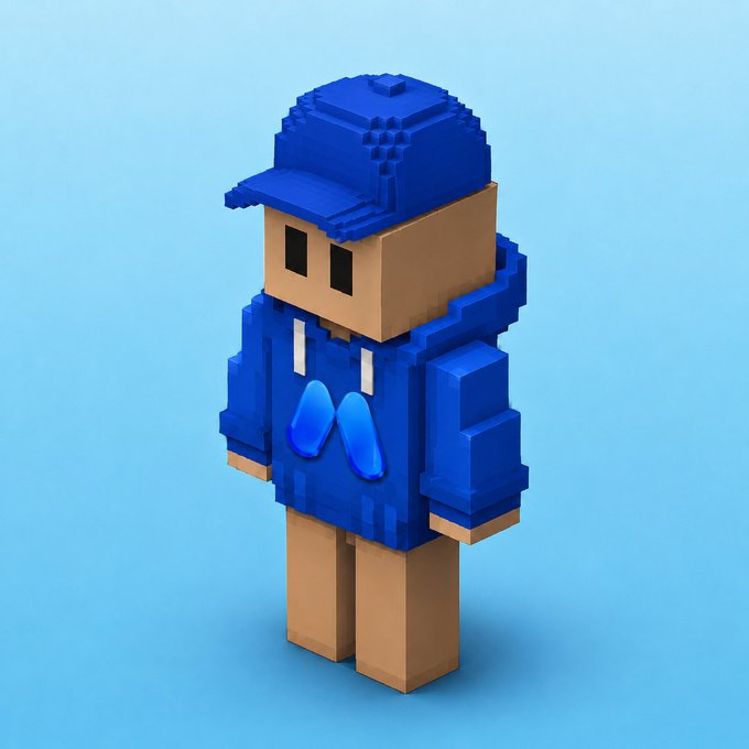 A 3D voxel/blocky-style character wearing a blue hoodie and blue cap, featuring a stylized blue "M" logo on the chest, standing against a light blue gradient background.