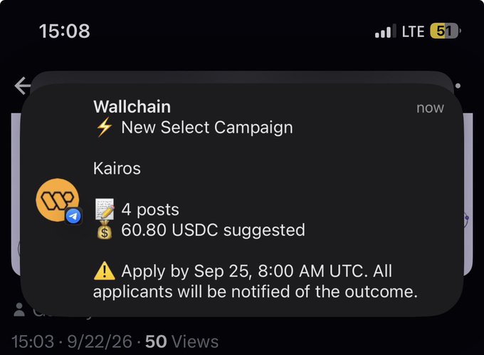 A mobile notification from Wallchain shows a 'New Select Campaign' for Kairos with 4 posts and a suggested payout of 60.80 USDC, requiring application by Sep 25, 8:00 AM UTC.