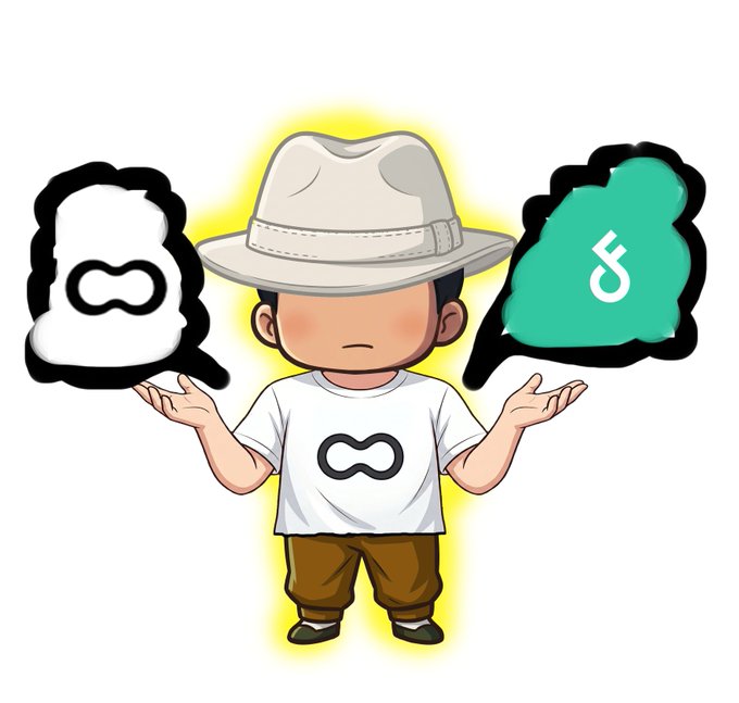 An illustration of a cartoon character wearing a hat and an infinity symbol shirt, shrugging while weighing a white infinity logo bubble and a green circle with a symbol.