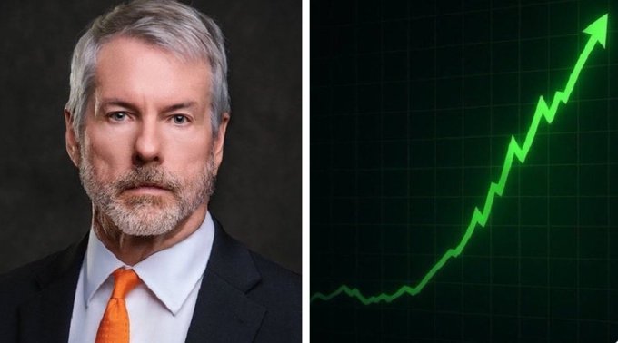 The image is split into two panels: on the left is a portrait of Michael Saylor, the executive chairman of Strategy (formerly MicroStrategy), wearing a dark suit with an orange tie, and on the right is a green upward-trending line chart on a dark grid background, symbolizing Bitcoin's dramatic price surge. Together, they visually reinforce the caption's point about Saylor's well-timed early Bitcoin sale near $17K and the cryptocurrency's subsequent rise above $120K, framing his latest moves as a market-defining event.